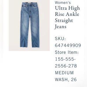 Abercrombie Ultra High Rise Ankle Straight Jeans Medium Wash size 26